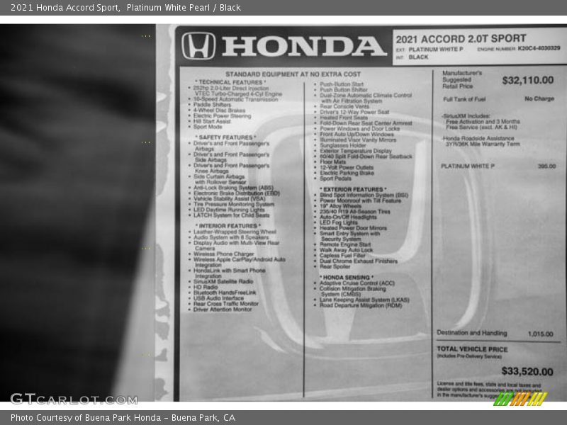 Platinum White Pearl / Black 2021 Honda Accord Sport