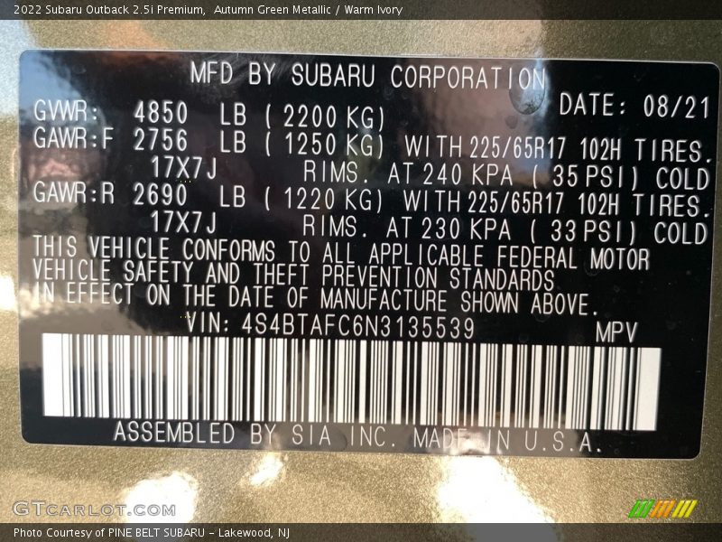 Autumn Green Metallic / Warm Ivory 2022 Subaru Outback 2.5i Premium