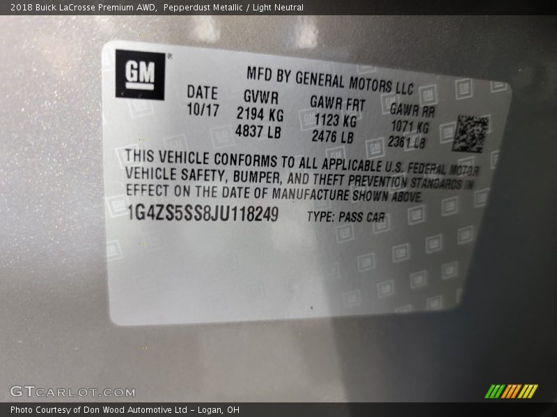 Pepperdust Metallic / Light Neutral 2018 Buick LaCrosse Premium AWD