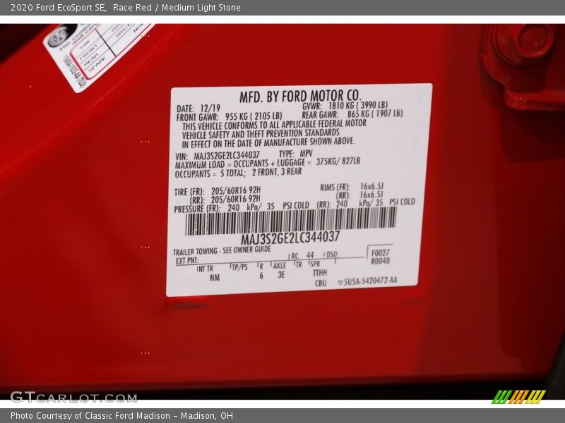 Race Red / Medium Light Stone 2020 Ford EcoSport SE