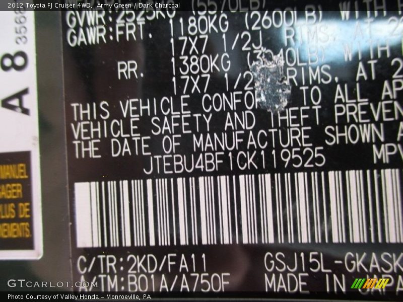 Army Green / Dark Charcoal 2012 Toyota FJ Cruiser 4WD