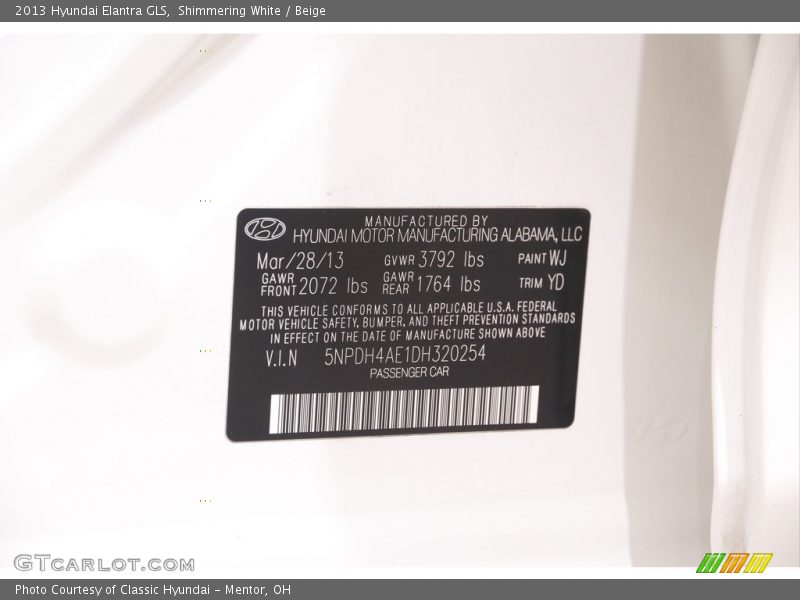 Shimmering White / Beige 2013 Hyundai Elantra GLS