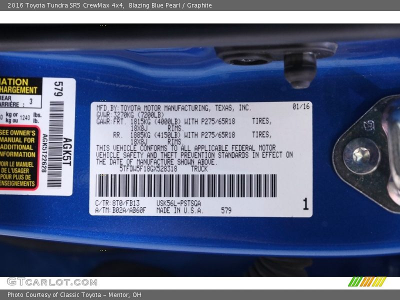 Blazing Blue Pearl / Graphite 2016 Toyota Tundra SR5 CrewMax 4x4