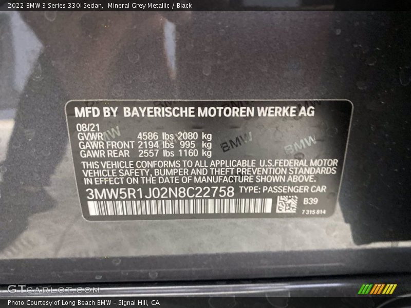 Mineral Grey Metallic / Black 2022 BMW 3 Series 330i Sedan