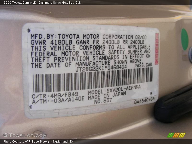 Cashmere Beige Metallic / Oak 2000 Toyota Camry LE