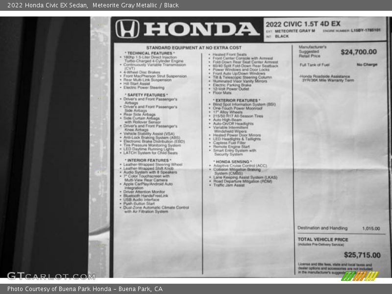  2022 Civic EX Sedan Window Sticker