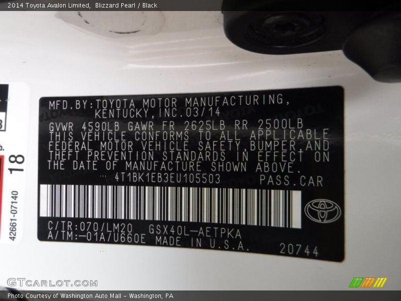 Blizzard Pearl / Black 2014 Toyota Avalon Limited