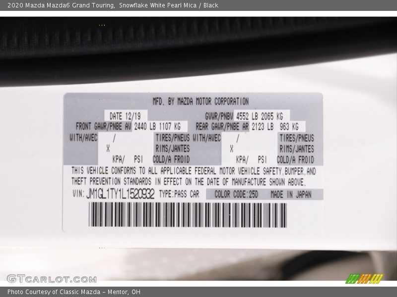 Snowflake White Pearl Mica / Black 2020 Mazda Mazda6 Grand Touring