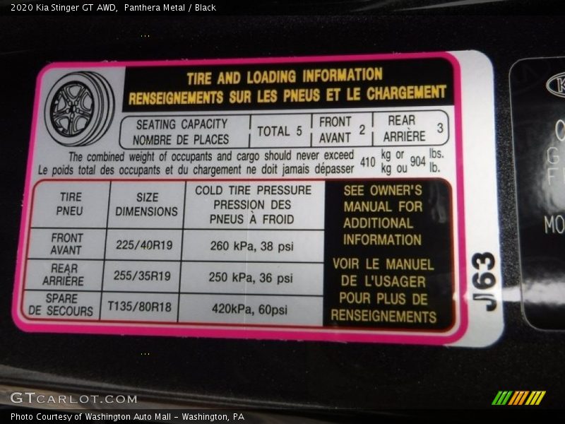 Info Tag of 2020 Stinger GT AWD