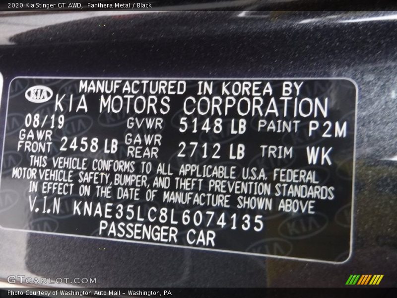 2020 Stinger GT AWD Panthera Metal Color Code P2M