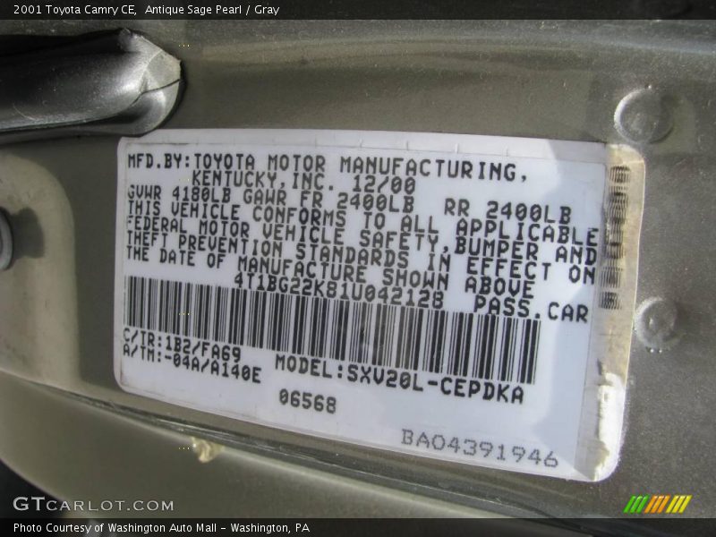 Antique Sage Pearl / Gray 2001 Toyota Camry CE