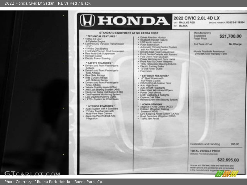  2022 Civic LX Sedan Window Sticker