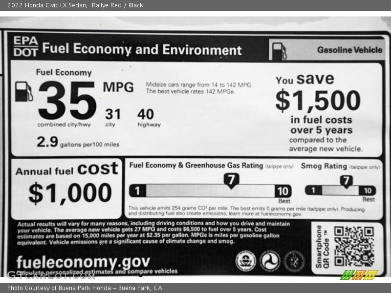  2022 Civic LX Sedan Window Sticker