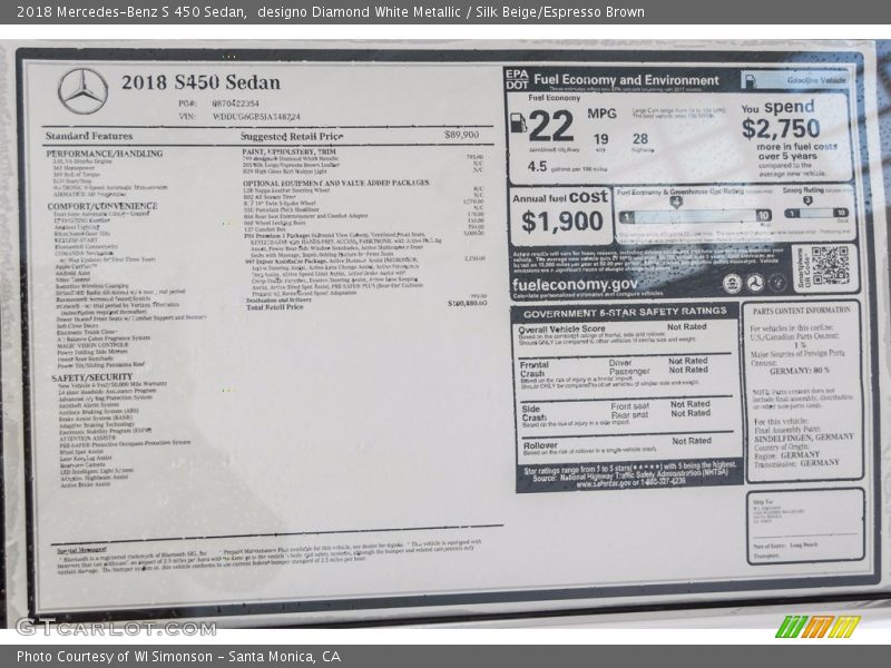 designo Diamond White Metallic / Silk Beige/Espresso Brown 2018 Mercedes-Benz S 450 Sedan