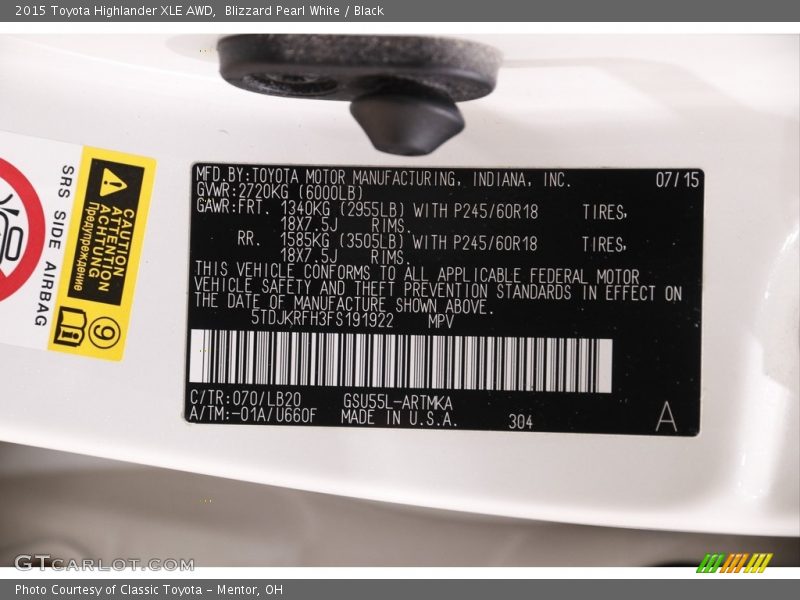 Blizzard Pearl White / Black 2015 Toyota Highlander XLE AWD