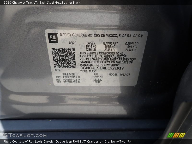 Satin Steel Metallic / Jet Black 2020 Chevrolet Trax LT