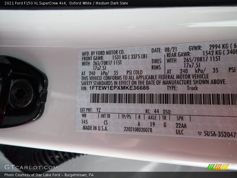 2021 F150 XL SuperCrew 4x4 Oxford White Color Code YZ
