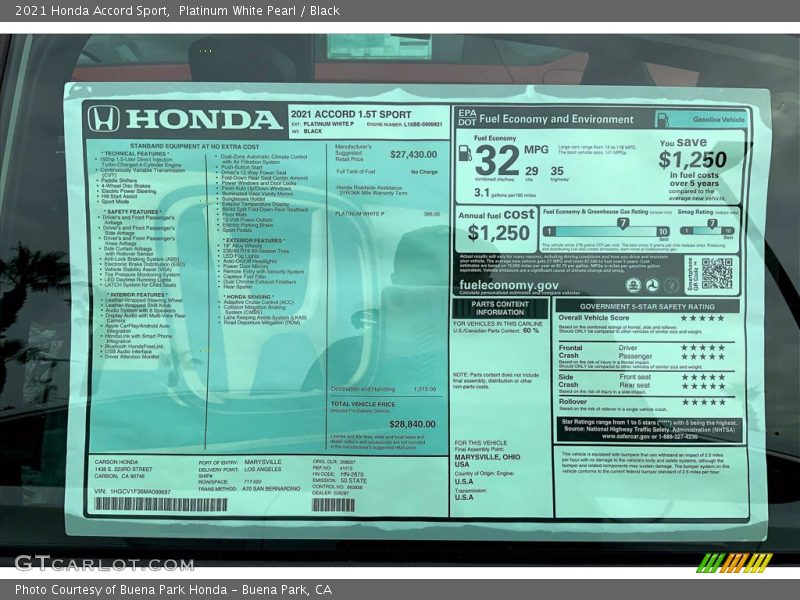  2021 Accord Sport Window Sticker