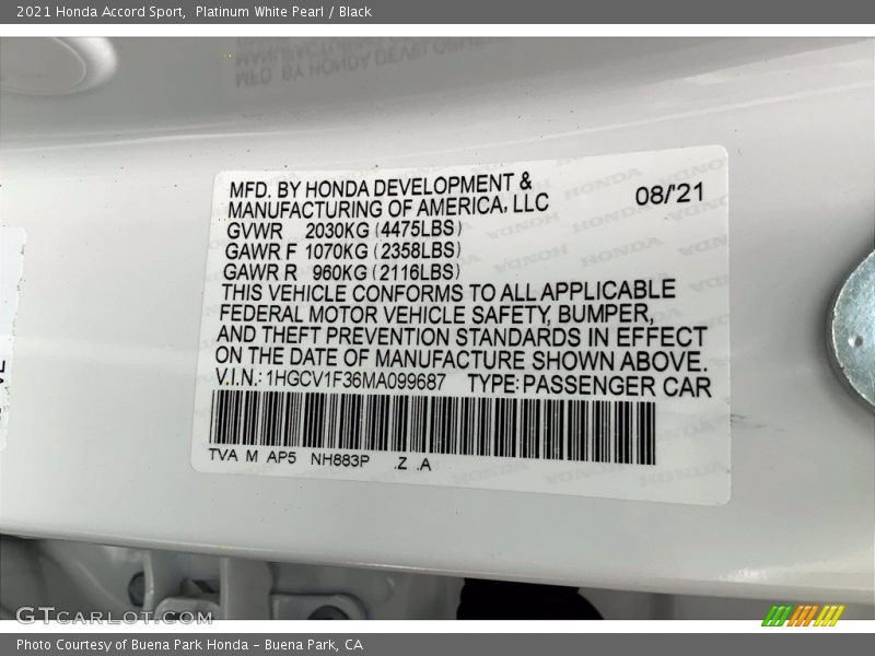 2021 Accord Sport Platinum White Pearl Color Code NH883P