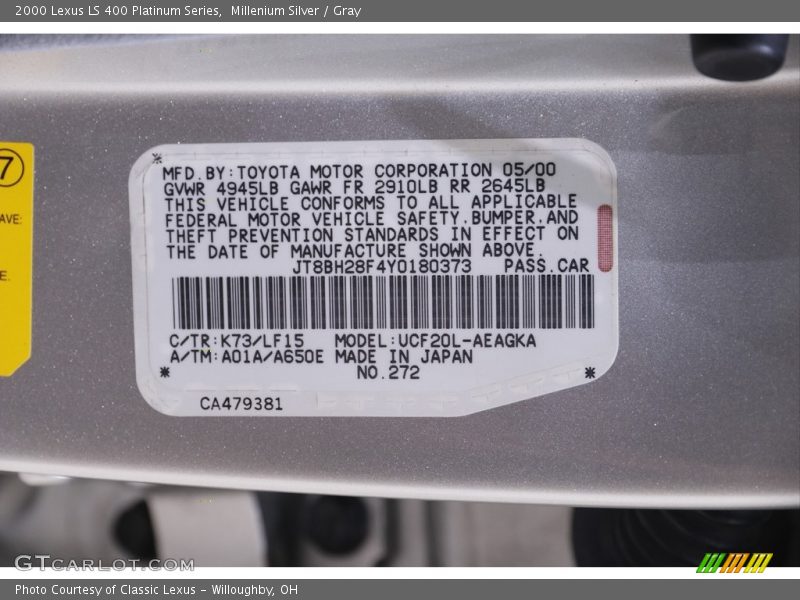 2000 LS 400 Platinum Series Millenium Silver Color Code K73