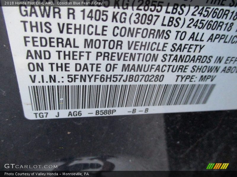 Obsidian Blue Pearl / Gray 2018 Honda Pilot EX-L AWD