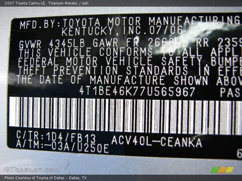 Titanium Metallic / Ash 2007 Toyota Camry LE
