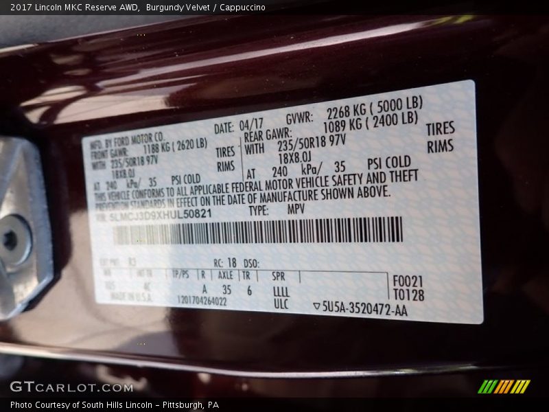 Burgundy Velvet / Cappuccino 2017 Lincoln MKC Reserve AWD