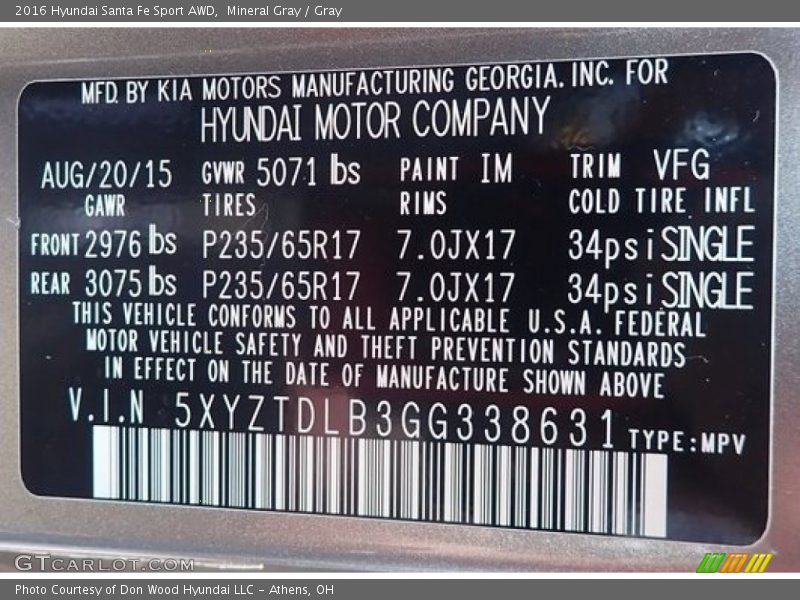 Mineral Gray / Gray 2016 Hyundai Santa Fe Sport AWD