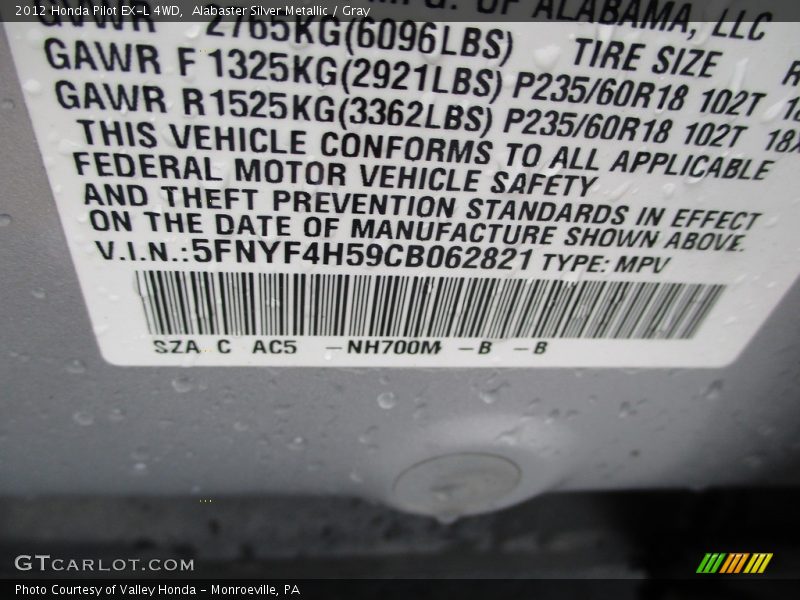 Alabaster Silver Metallic / Gray 2012 Honda Pilot EX-L 4WD