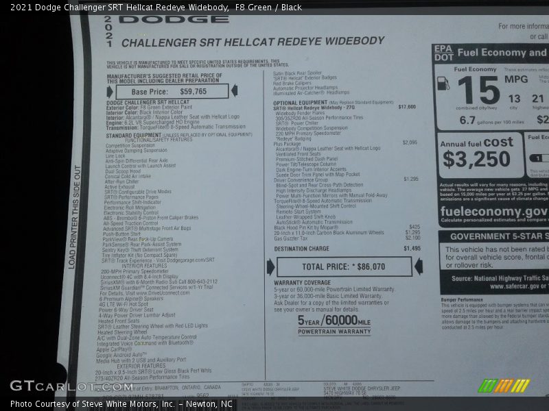  2021 Challenger SRT Hellcat Redeye Widebody Window Sticker