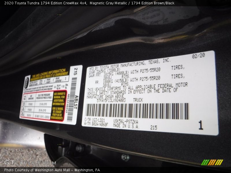 2020 Tundra 1794 Edition CrewMax 4x4 Magnetic Gray Metallic Color Code 1G3