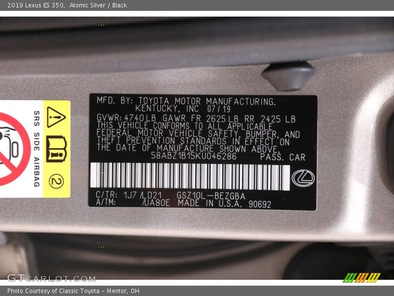 Atomic Silver / Black 2019 Lexus ES 350