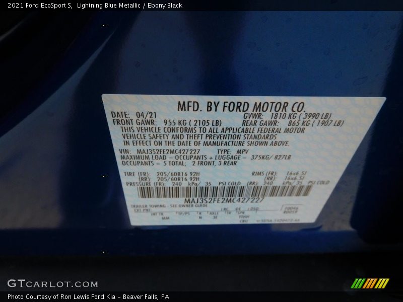 Lightning Blue Metallic / Ebony Black 2021 Ford EcoSport S