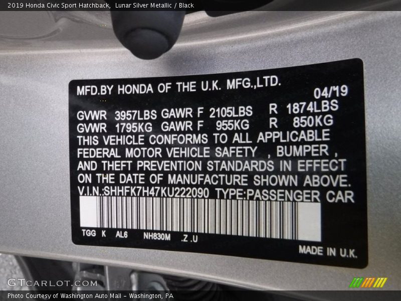 Lunar Silver Metallic / Black 2019 Honda Civic Sport Hatchback