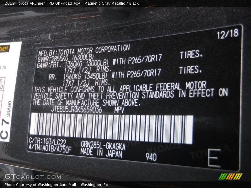 Magnetic Gray Metallic / Black 2019 Toyota 4Runner TRD Off-Road 4x4