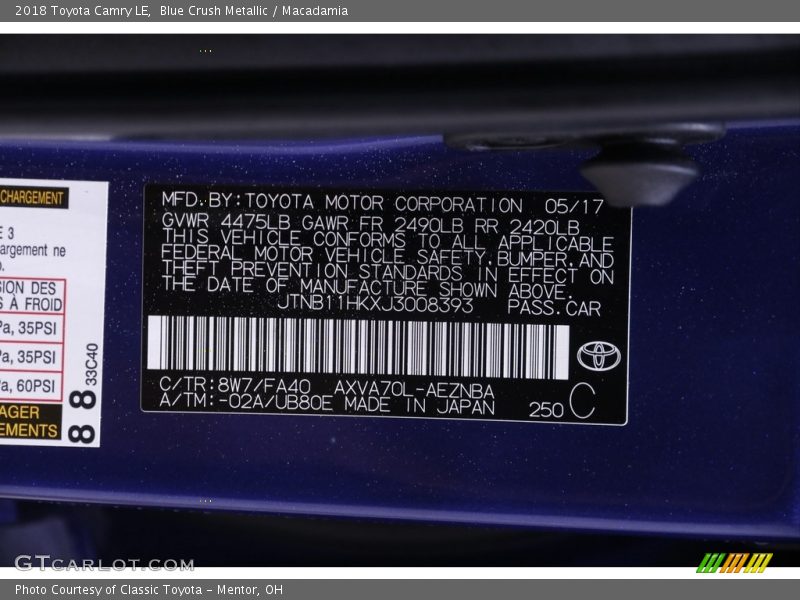 Blue Crush Metallic / Macadamia 2018 Toyota Camry LE