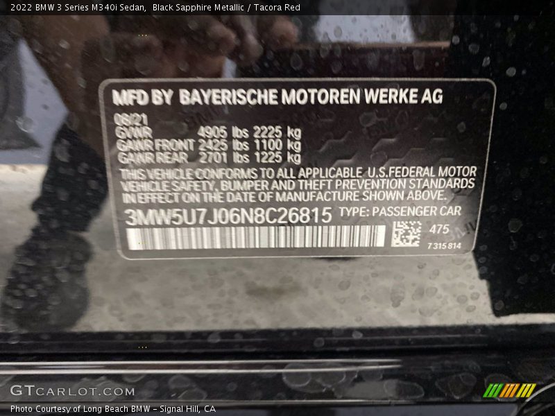 2022 3 Series M340i Sedan Black Sapphire Metallic Color Code 475