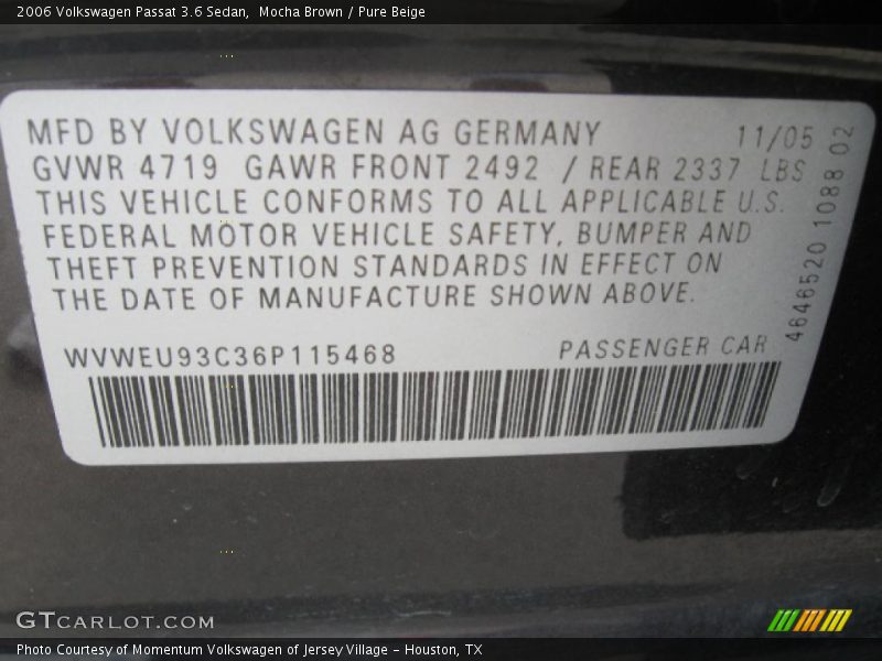 Mocha Brown / Pure Beige 2006 Volkswagen Passat 3.6 Sedan