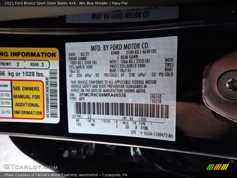 2021 Bronco Sport Outer Banks 4x4 Alto Blue Metallic Color Code L3