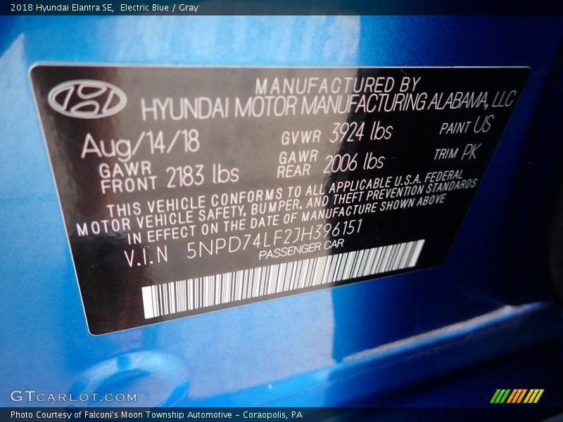 Electric Blue / Gray 2018 Hyundai Elantra SE
