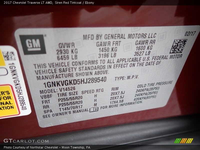 Siren Red Tintcoat / Ebony 2017 Chevrolet Traverse LT AWD