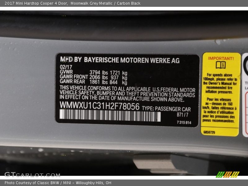 Moonwalk Grey Metallic / Carbon Black 2017 Mini Hardtop Cooper 4 Door