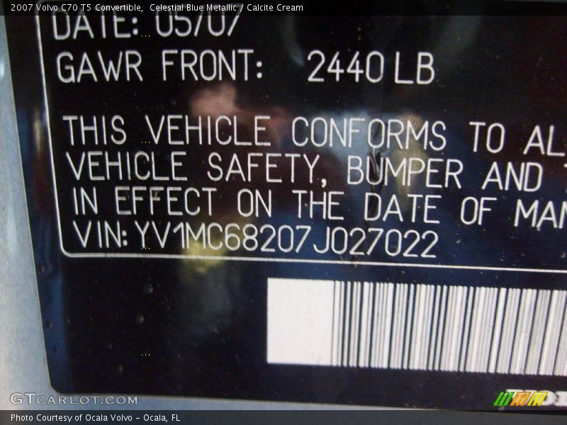 Celestial Blue Metallic / Calcite Cream 2007 Volvo C70 T5 Convertible