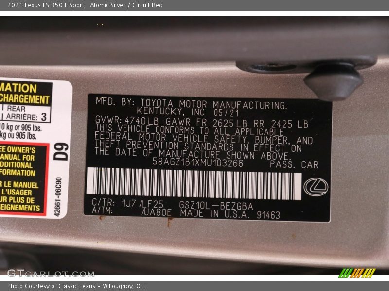 2021 ES 350 F Sport Atomic Silver Color Code 1J7