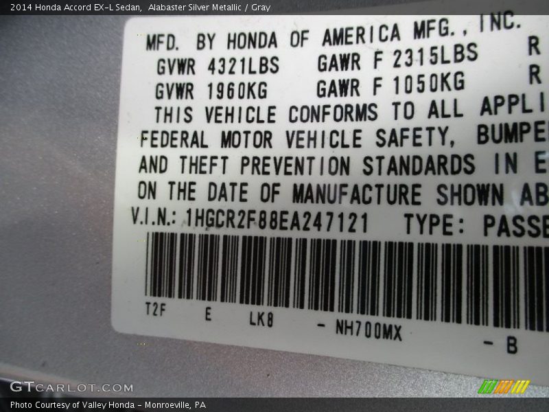 Alabaster Silver Metallic / Gray 2014 Honda Accord EX-L Sedan