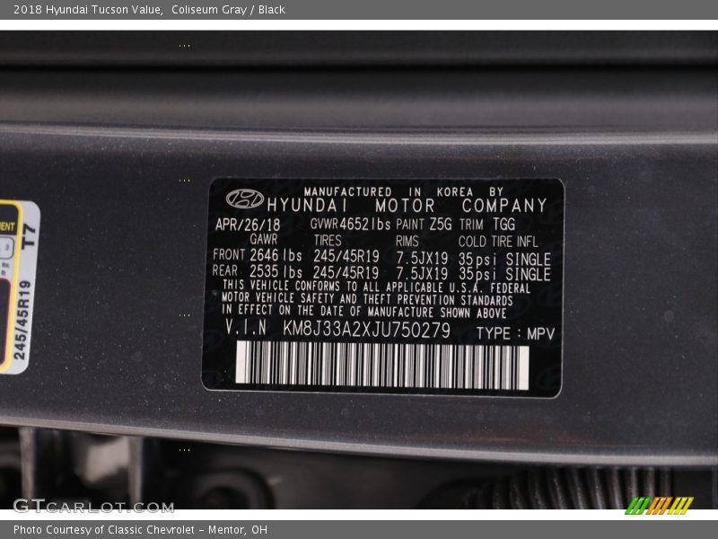 Coliseum Gray / Black 2018 Hyundai Tucson Value
