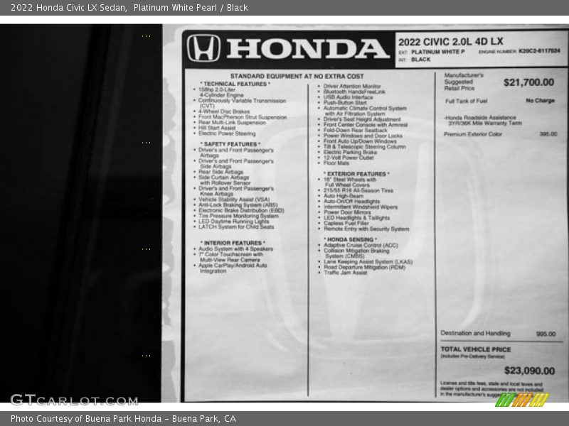 Platinum White Pearl / Black 2022 Honda Civic LX Sedan