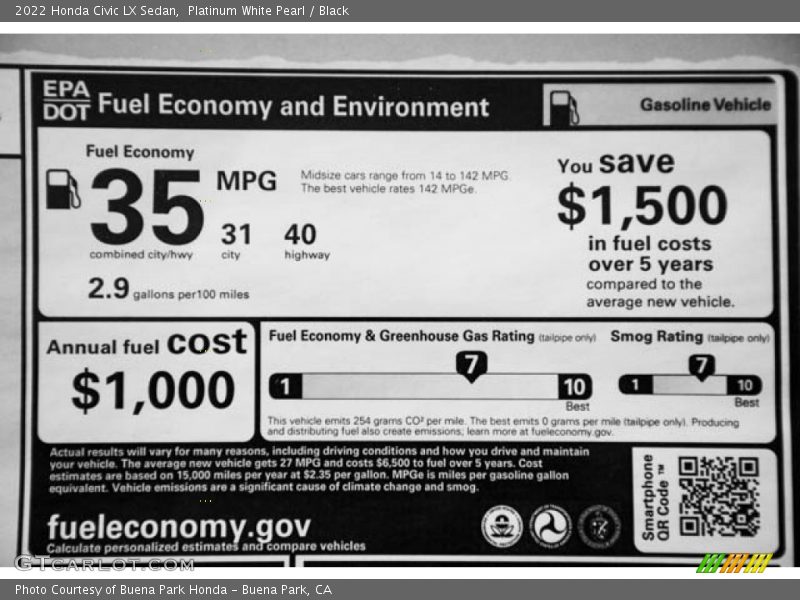 Platinum White Pearl / Black 2022 Honda Civic LX Sedan