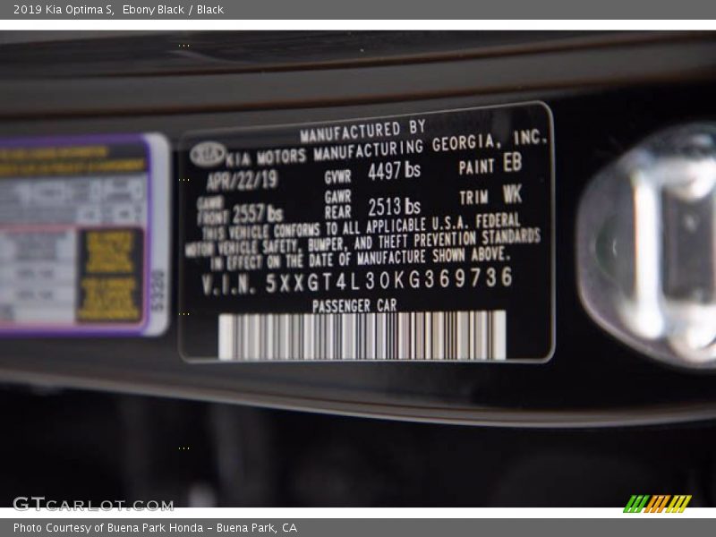 Ebony Black / Black 2019 Kia Optima S