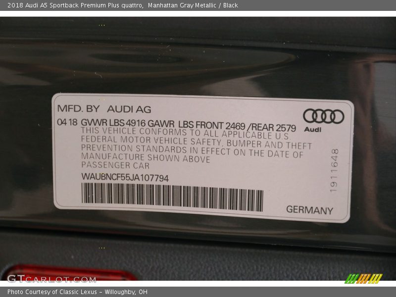 Manhattan Gray Metallic / Black 2018 Audi A5 Sportback Premium Plus quattro